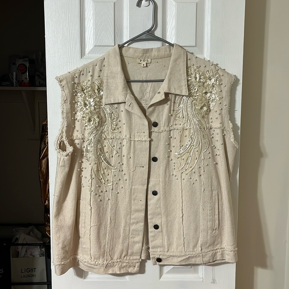 Vici Oversized Embellished Pearl Denim Vest